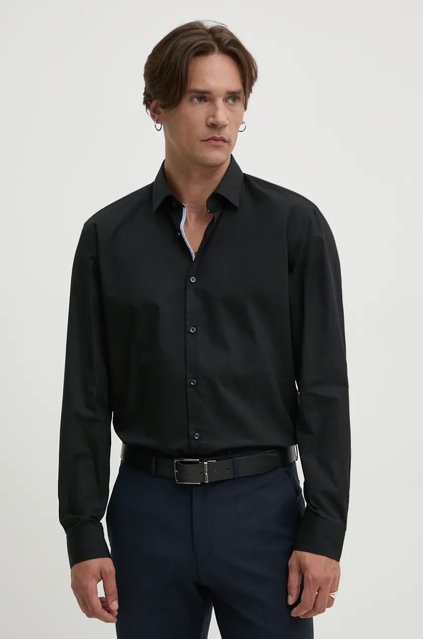 HUGO camasa din bumbac barbati, culoarea negru, cu guler italian, slim, 50524841