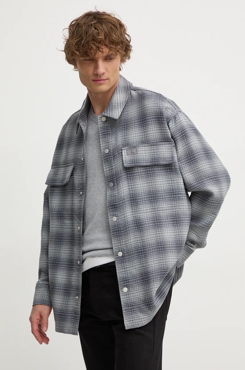 Levně Košile Calvin Klein Jeans pánská, šedá barva, relaxed, s klasickým límcem, J30J326183