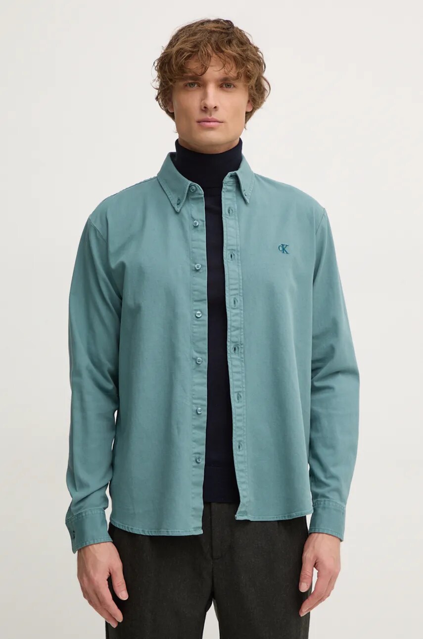 Levně Košile Calvin Klein Jeans pánská, zelená barva, regular, s límečkem button-down, J30J326187