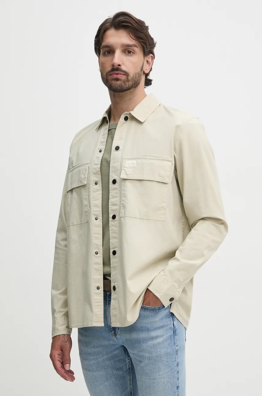 Levně Košile Calvin Klein Jeans pánská, béžová barva, regular, s klasickým límcem, J30J326970