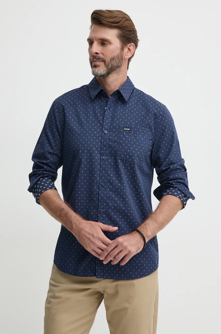 Levně Bavlněná košile Guess tmavomodrá barva, slim, s klasickým límcem, M4BH42.WGK50