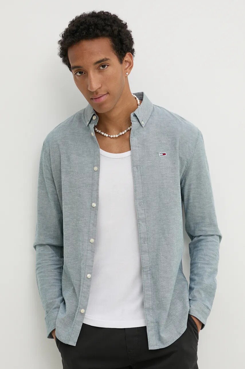 Tommy Jeans camasa barbati, culoarea verde, cu guler button-down, slim, DM0DM09594