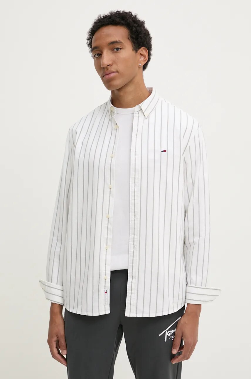 Tommy Jeans camasa din bumbac barbati, culoarea bej, cu guler button-down, regular, DM0DM19646
