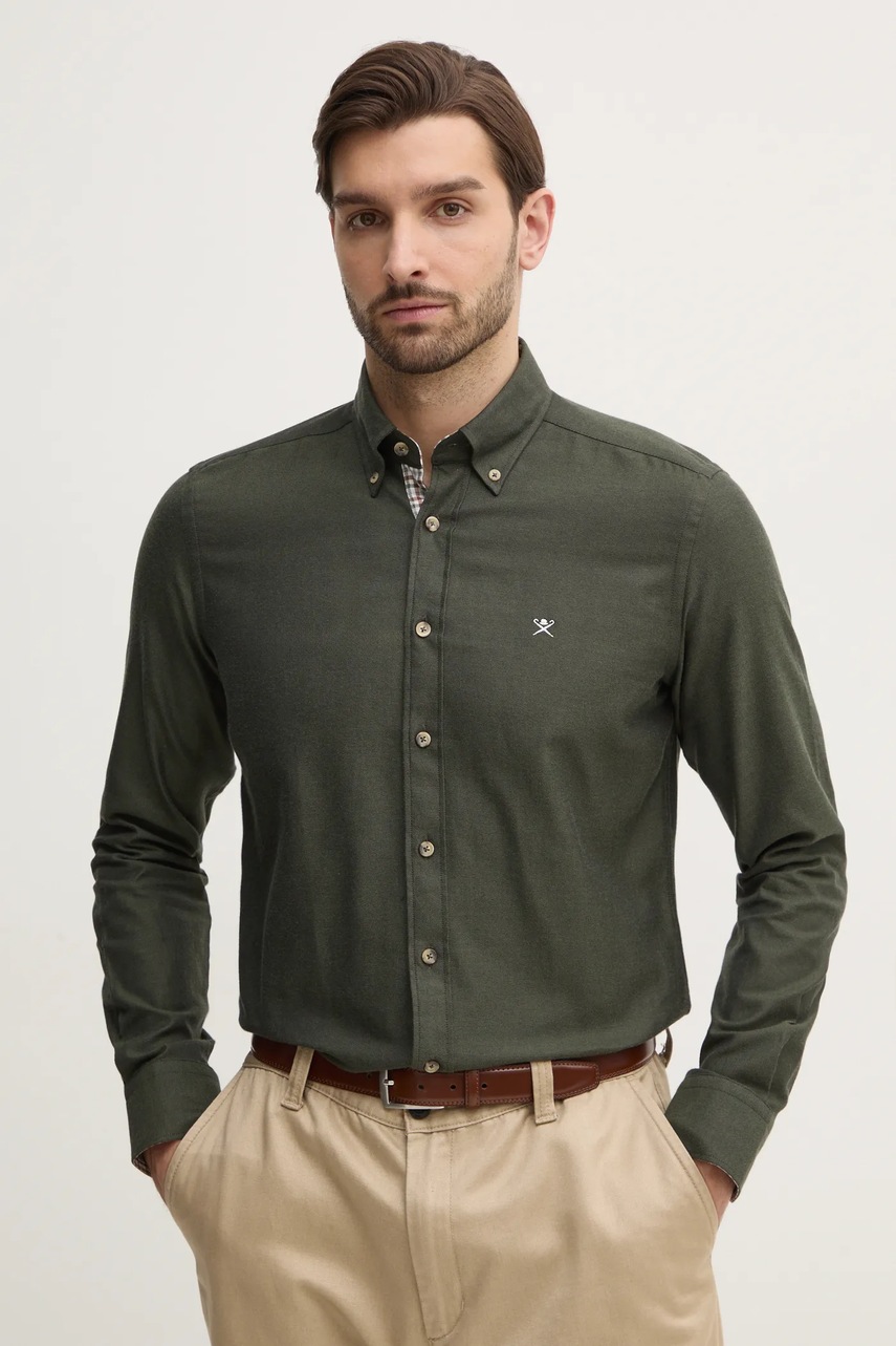 

Памучна риза Hackett London мъжка в зелено със стандартна кройка с яка с копче HM3010065, Зелен