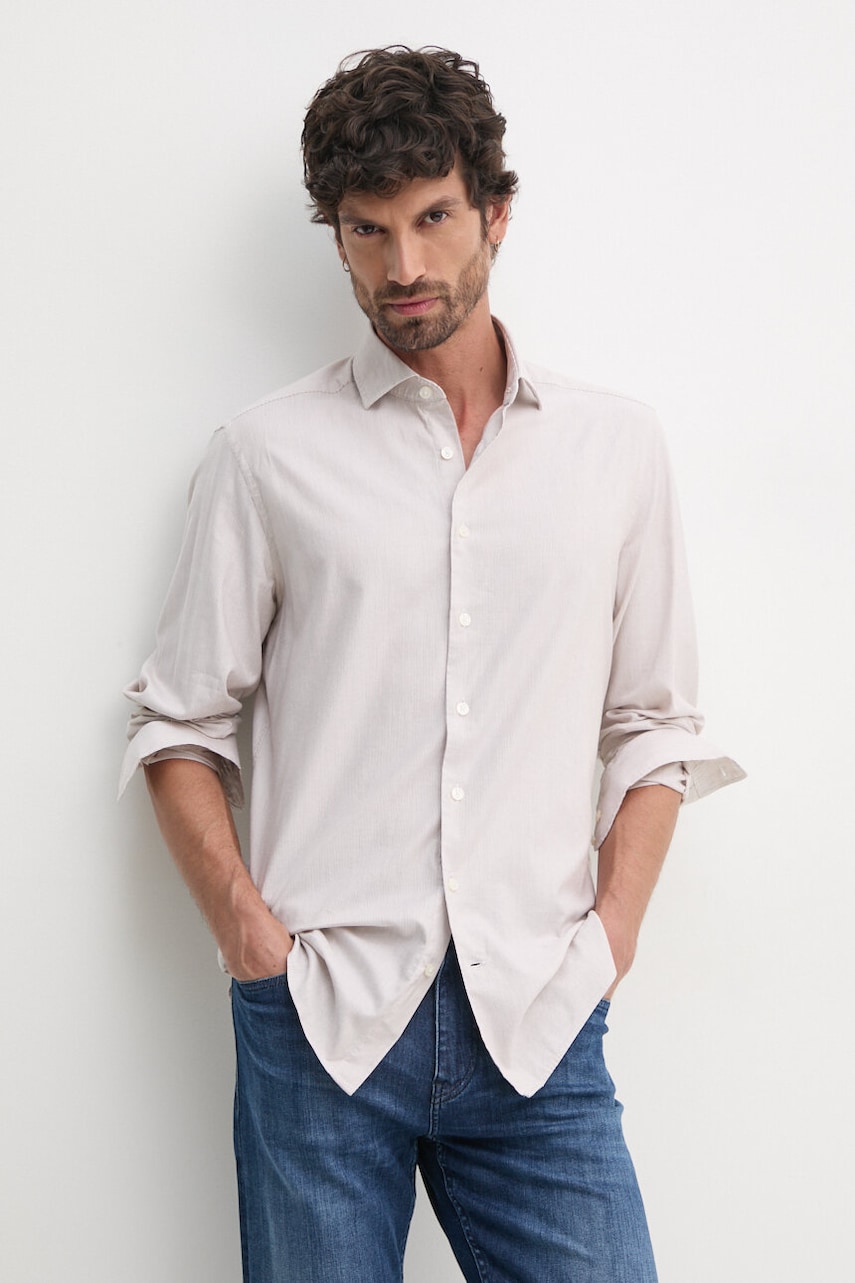 Hackett London camasa barbati, culoarea bej, cu guler italian, regular, HM3010096 Hackett London camasa barbati, culoarea bej, cu guler italian, regular, HM3010096