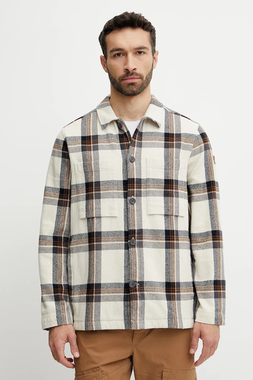 Fjallraven cămașă Singi Flannel Overshirt M bărbați, culoarea bej, cu guler clasic, relaxed, F12600226.113.555