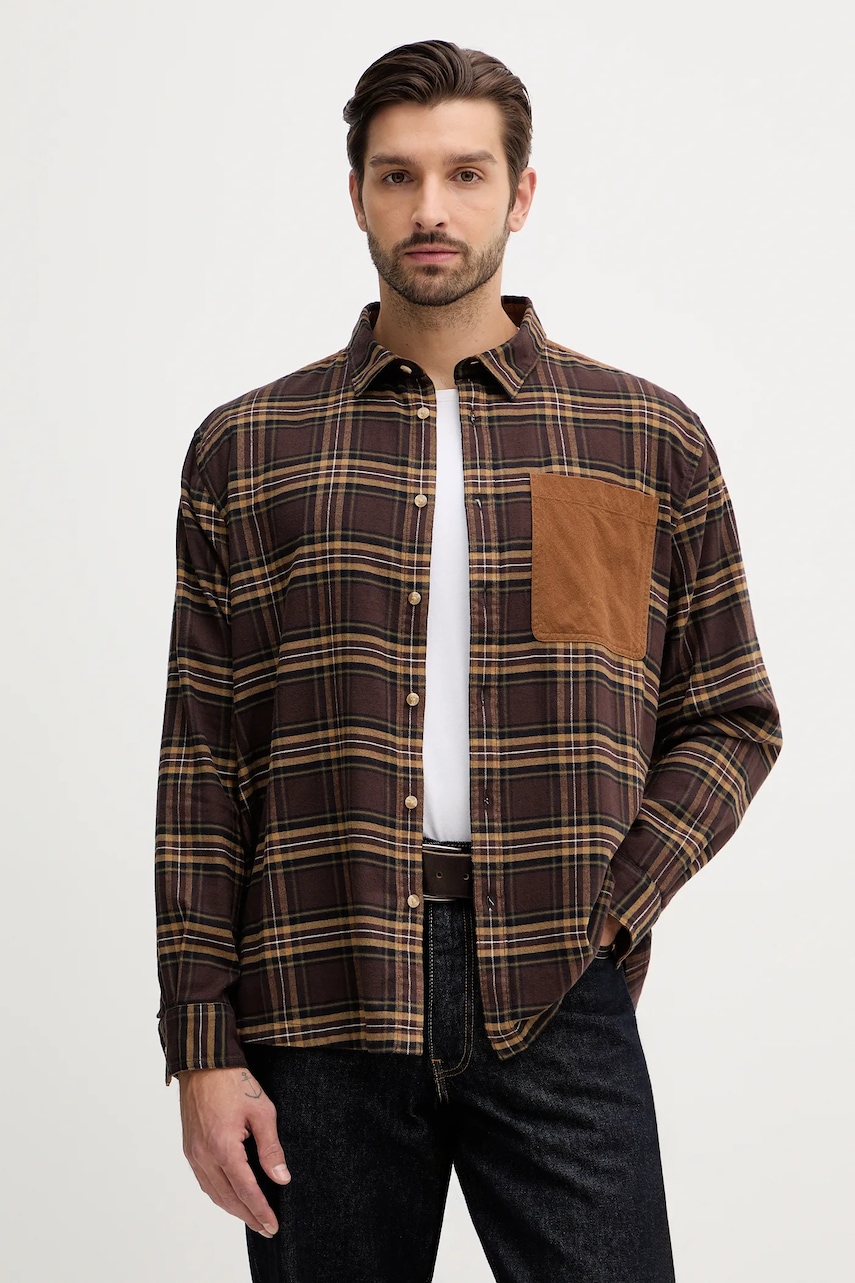 Barbour cămașă din bumbac Wolfwood OS Checked Shirt bărbați, culoarea maro, cu guler clasic, regular, MSH5508