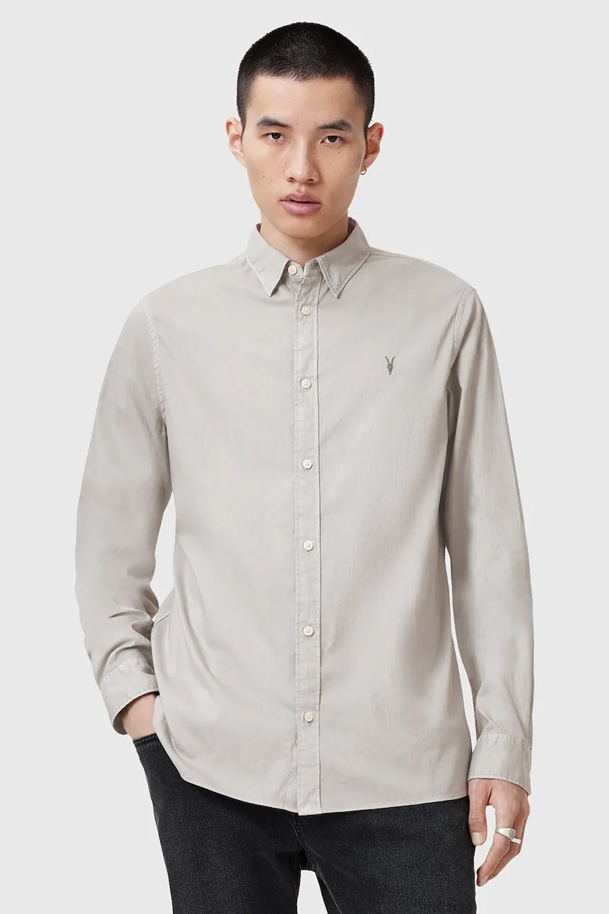 AllSaints camasa din bumbac HAWTHORNE LS SHIRT barbati, culoarea gri, cu guler clasic, slim, M150SB AllSaints camasa din bumbac HAWTHORNE LS SHIRT barbati, culoarea gri, cu guler clasic, slim, M150SB