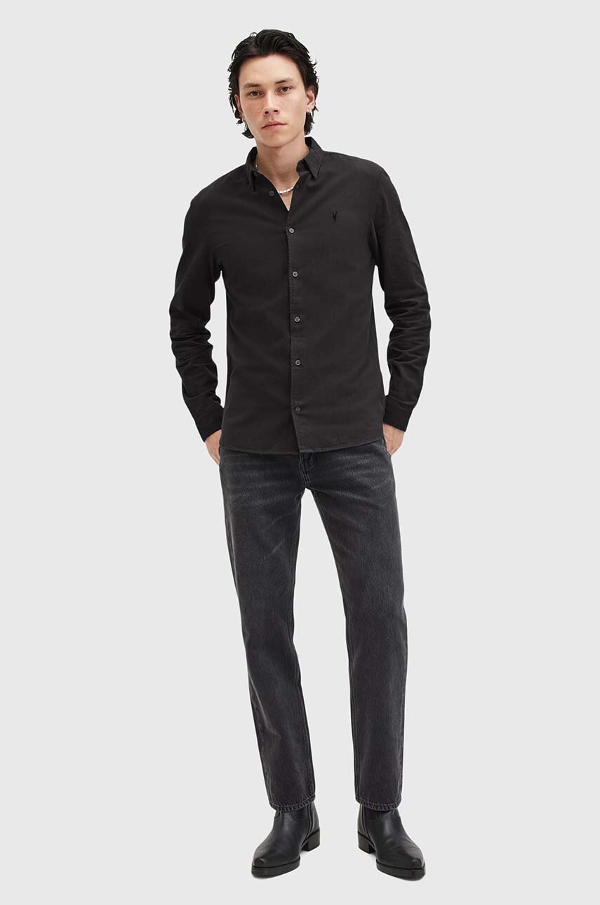 Бавовняна сорочка AllSaints LOVELL LS SHIRT чоловіча колір чорний slim класичний комір M152SB 