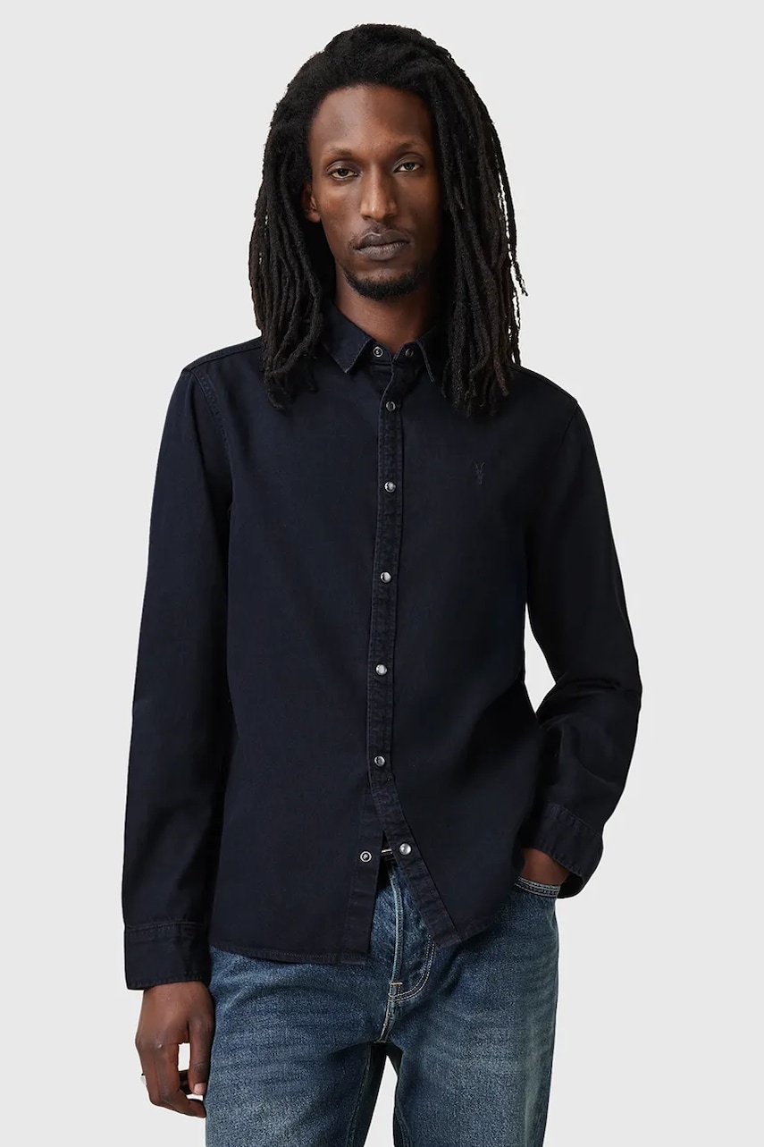 AllSaints camasa jeans GLEASON LS SHIRT barbati, culoarea negru, cu guler clasic, regular, M165SB AllSaints camasa jeans GLEASON LS SHIRT barbati, culoarea negru, cu guler clasic, regular, M165SB