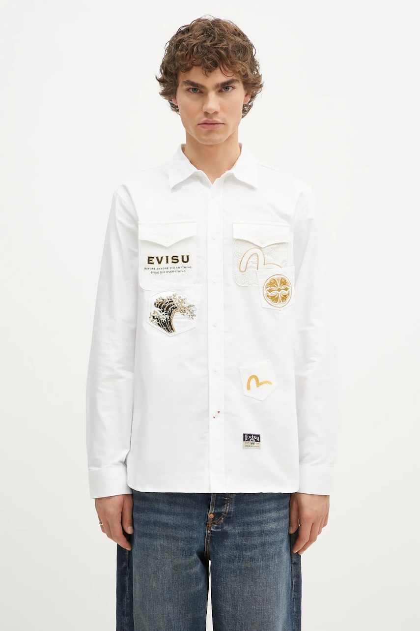 Evisu cămașă din bumbac Evisu Logos & Wave Emb bărbați, culoarea alb, cu guler clasic, regular, 2EAHTM4SL7040