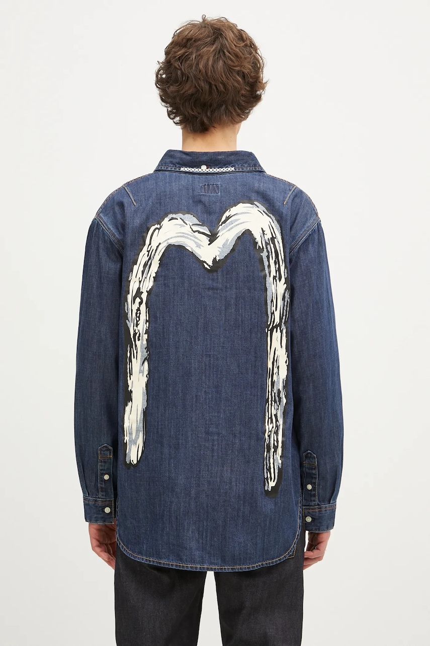Evisu cămașă din denim Daicock Printed bărbați, culoarea bleumarin, cu guler clasic, regular fit, 2EAHTM4DL1031