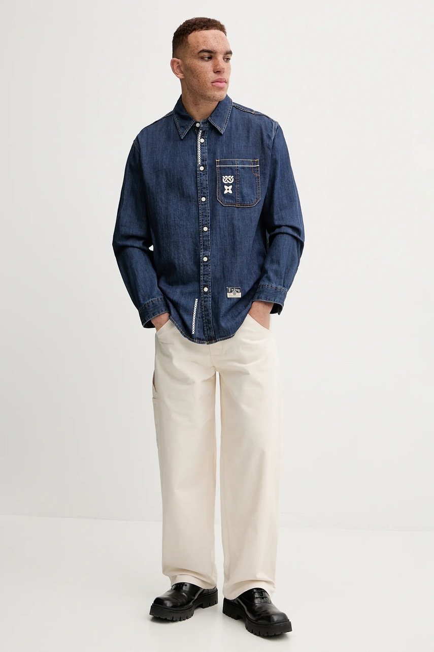 Τζιν πουκάμισο Evisu Daicock Printed ανδρικό, χρώμα: ναυτικό μπλε, 2EAHTM4DL1031 φωτογραφία