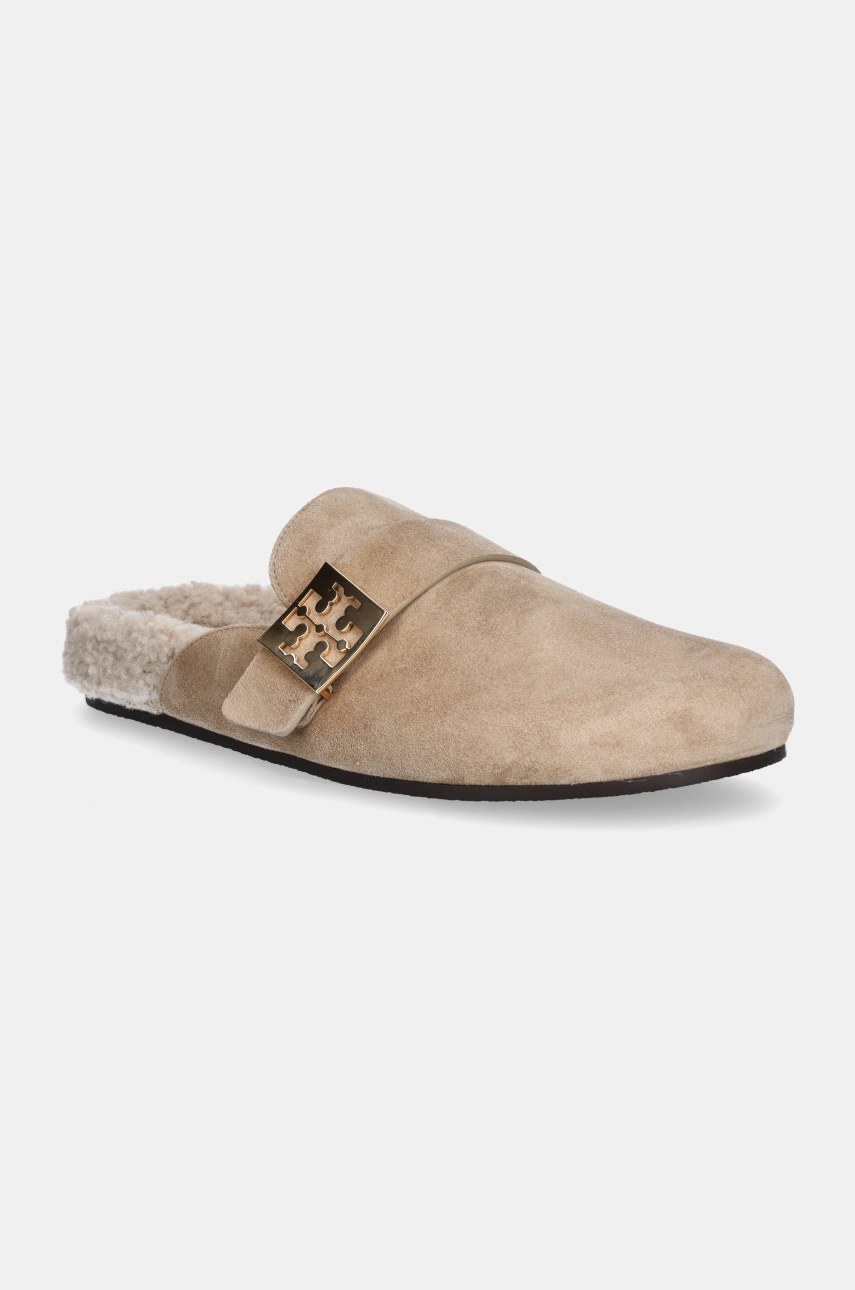 Tory Burch papuci din piele Mellow Shearling Mule femei, culoarea bej, 163612-250 Tory Burch papuci din piele Mellow Shearling Mule femei, culoarea bej, 163612-250