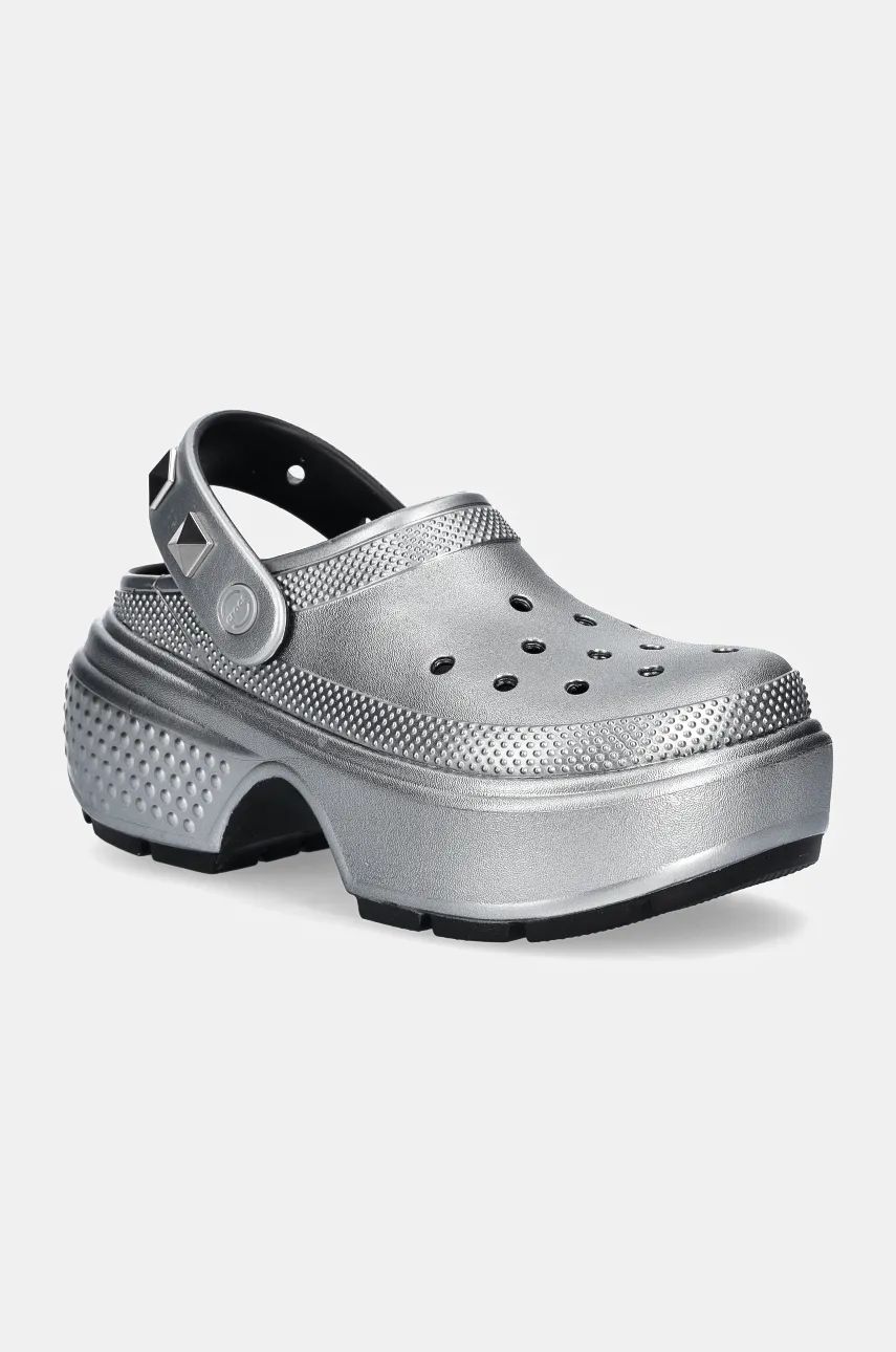 Crocs papuci Stomp Metallic Clog femei, culoarea argintiu, cu platforma, 210362