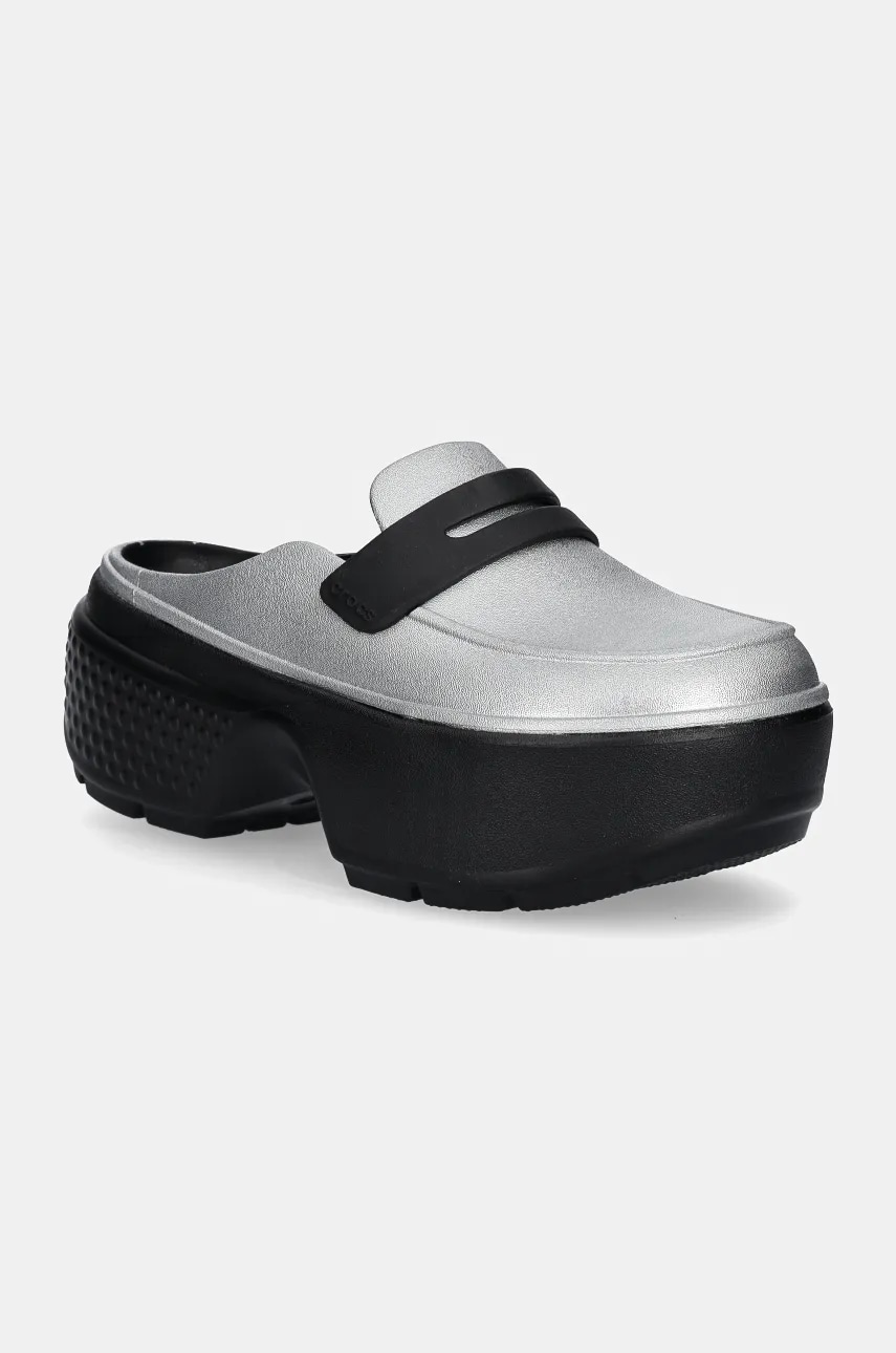 Crocs papuci Stomp Metallic Loafer Clog femei, culoarea argintiu, cu platforma, 210363