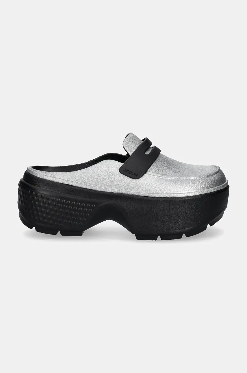 Шлепанцы Crocs Stomp Metallic Loafer Clog женские цвет серебрянный на платформе 210363 Шлепанцы Crocs Stomp Metallic Loafer Clog женские цвет серебрянный на платформе 210363