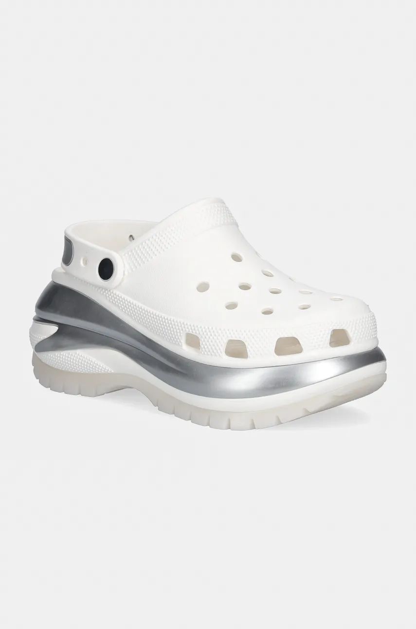 Crocs papuci Mega Crush Metallic Clog femei, culoarea alb, cu platforma, 210368