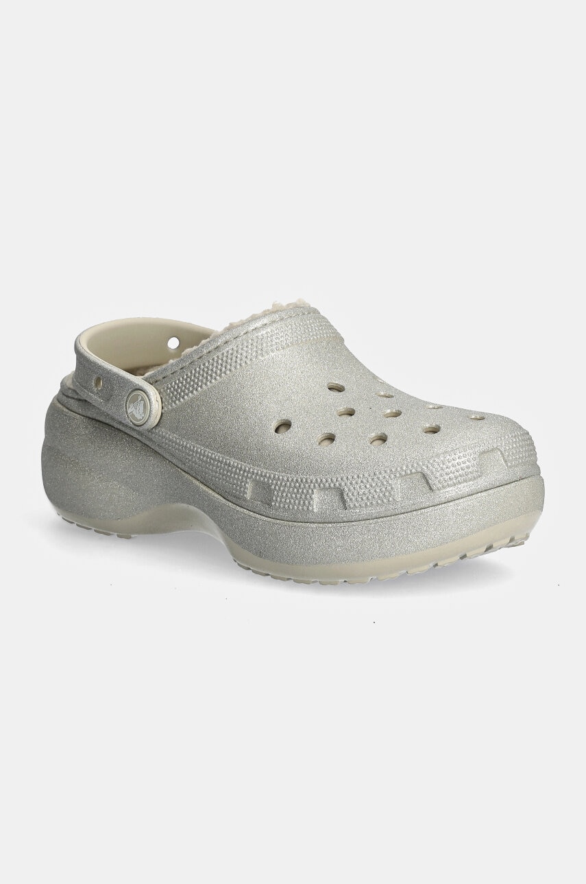 Crocs papuci Classic Platform Glitter Lined Clog W femei, culoarea argintiu, cu platforma, 210413 Crocs papuci Classic Platform Glitter Lined Clog W femei, culoarea argintiu, cu platforma, 210413
