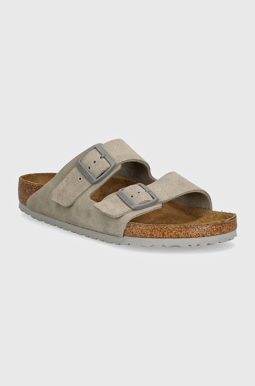 Birkenstock papuci din piele Arizona barbati, culoarea gri, 1028603