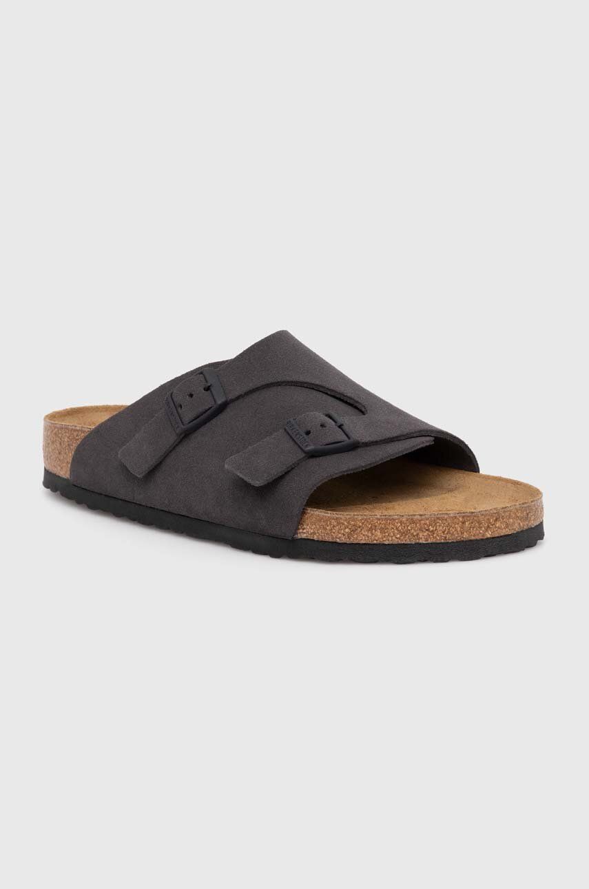 Birkenstock papuci din piele Zürich barbati, culoarea gri, 1028586