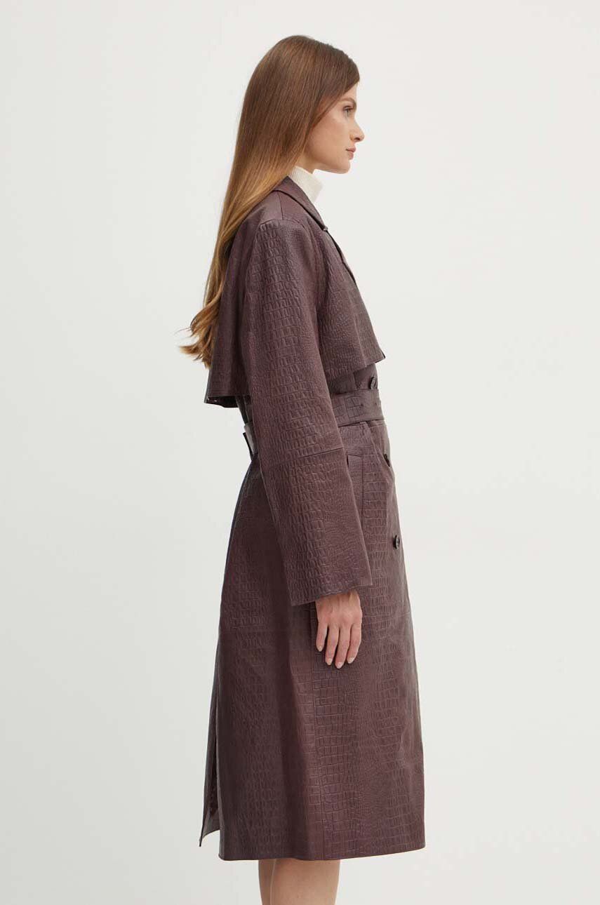 BOSS palton de piele femei, culoarea bordo, de tranzitie, cu doua randuri de nasturi, 50518238