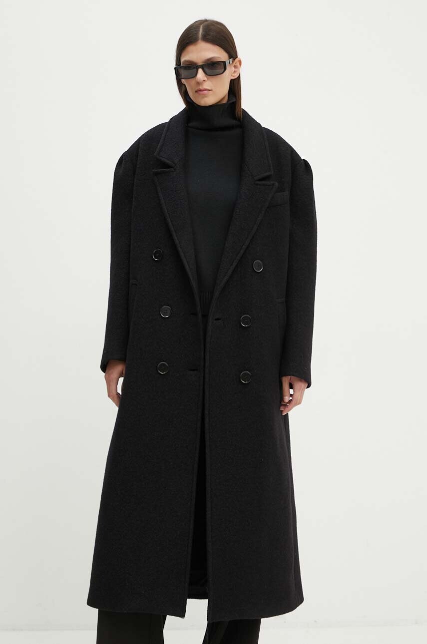 MSGM palton de lana culoarea negru, de tranzitie, cu doua randuri de nasturi, 3741MDC05.247618