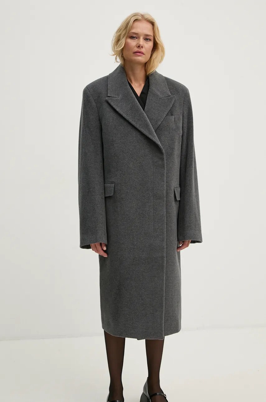 Remain palton de lana Heavy Wool Long Coat culoarea gri, de tranzitie, cu doua randuri de nasturi, 501889514