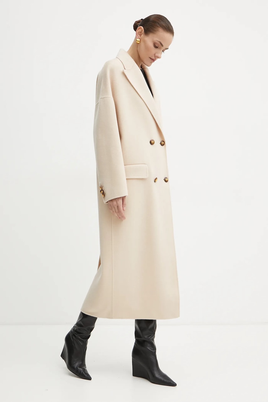 Elisabetta Franchi palton de lana culoarea bej, de tranzitie, cu doua randuri de nasturi, CP55D46E2 Elisabetta Franchi palton de lana culoarea bej, de tranzitie, cu doua randuri de nasturi, CP55D46E2