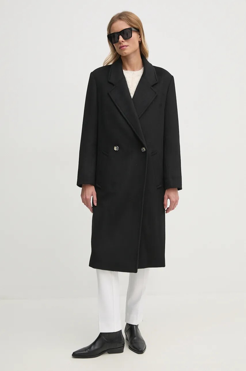 Dkny palton de lana culoarea negru, de tranzitie, cu doua randuri de nasturi, D2G4A203