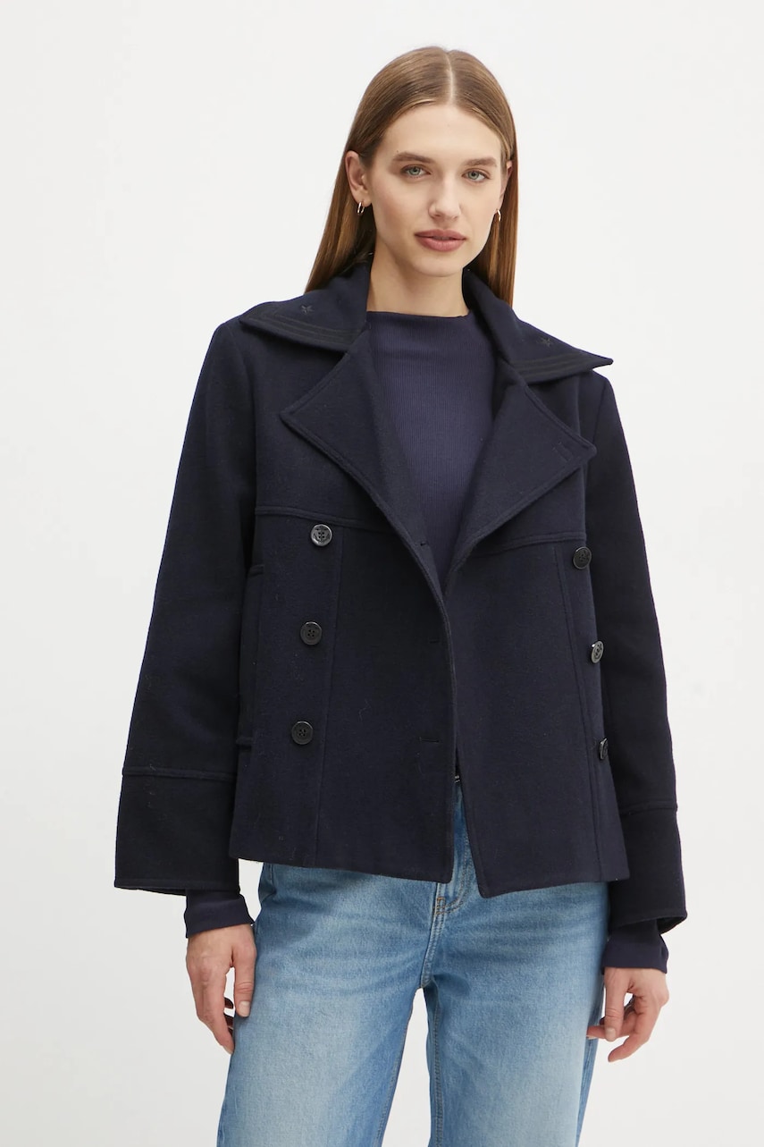 The Kooples palton de lana culoarea albastru marin, de tranzitie, cu doua randuri de nasturi, FMAN29001K The Kooples palton de lana culoarea albastru marin, de tranzitie, cu doua randuri de nasturi, FMAN29001K