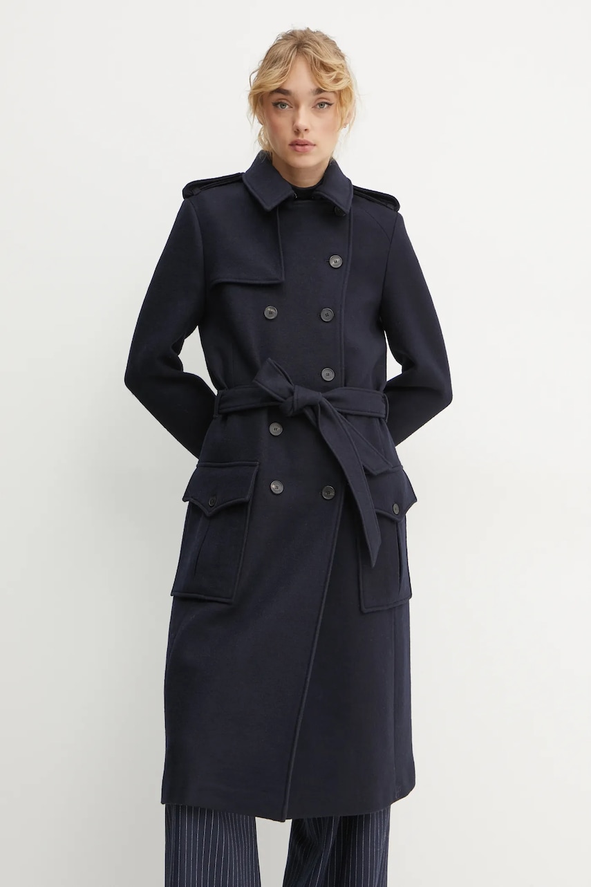 The Kooples palton de lana culoarea albastru marin, de tranzitie, cu doua randuri de nasturi, FTRE29003K The Kooples palton de lana culoarea albastru marin, de tranzitie, cu doua randuri de nasturi, FTRE29003K