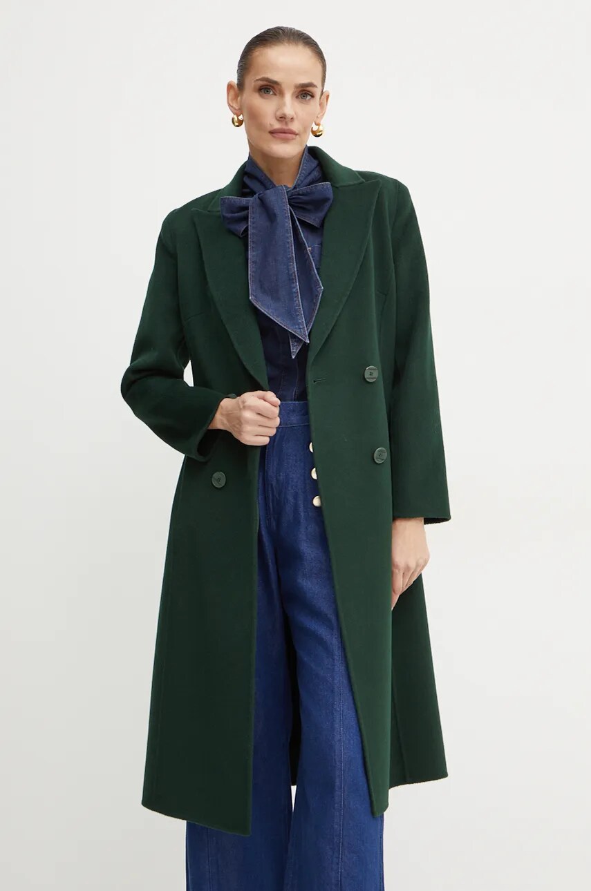 Luisa Spagnoli palton de lana SPLENDOR culoarea verde, de tranzitie, cu doua randuri de nasturi, 541203