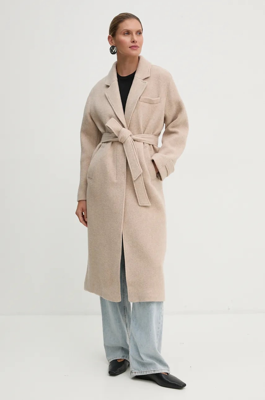 American Vintage palton de lana culoarea bej, de tranzitie, oversize, NAD17BH24 American Vintage palton de lana culoarea bej, de tranzitie, oversize, NAD17BH24