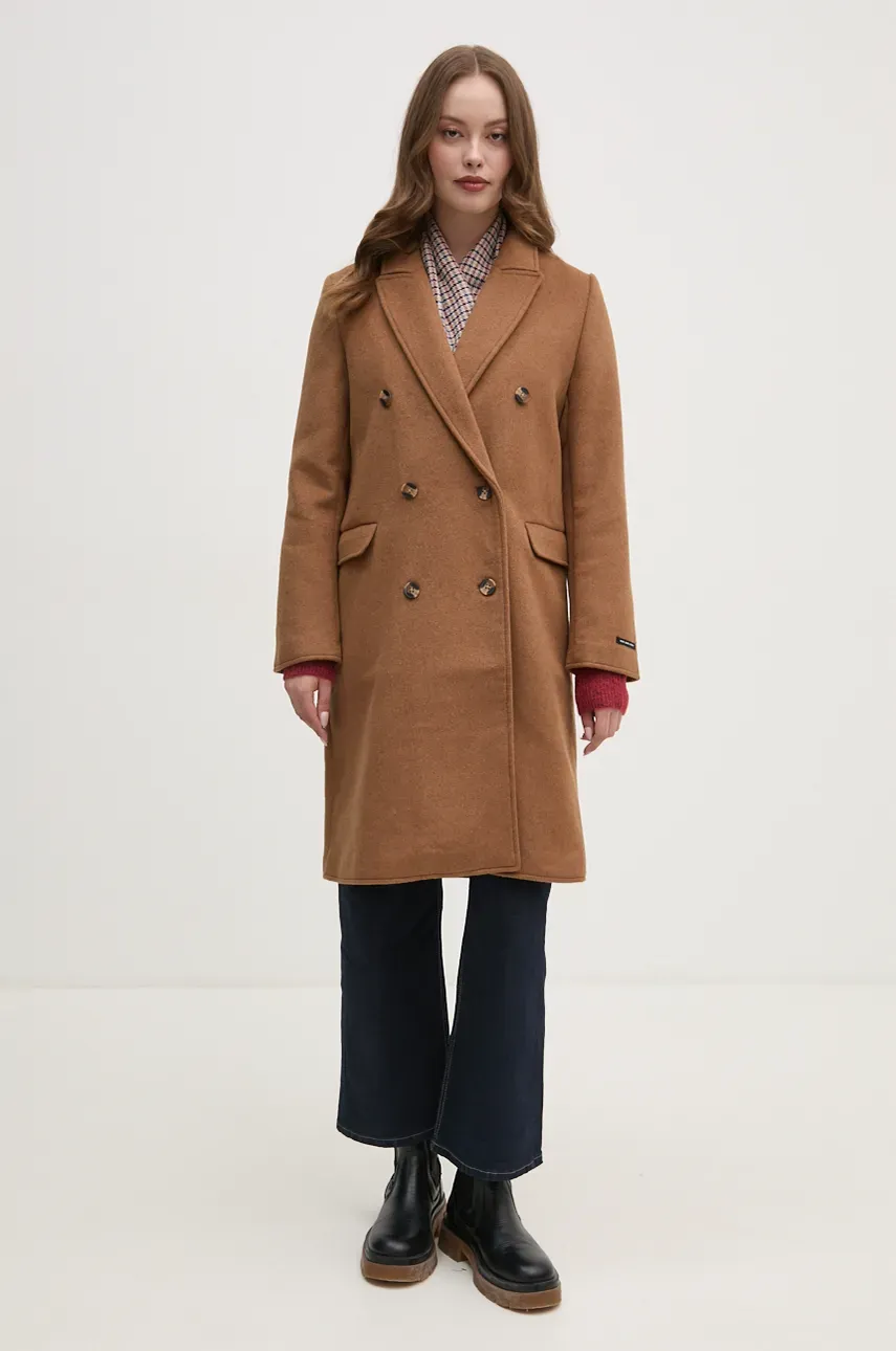 Шерстяное пальто Pepe Jeans BETH цвет коричневый переходное двубортное PL402473 Шерстяное пальто Pepe Jeans BETH цвет коричневый переходное двубортное PL402473