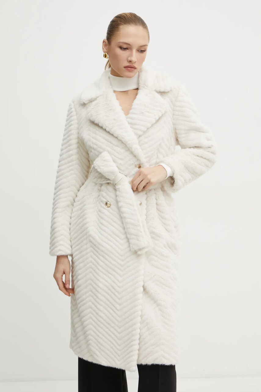 Levně Kabát Marciano Guess CLAIRE dámský, béžová barva, přechodný, dvouřadový, 4BGL33 7206A