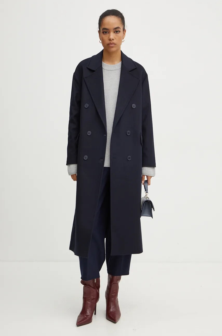 Levně Vlněný kabát Twinset tmavomodrá barva, přechodný, oversize, 242TT2203