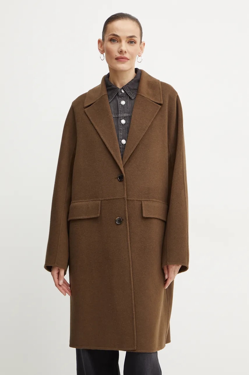 BOSS palton de lana culoarea verde, de tranzitie, oversize, 50518893