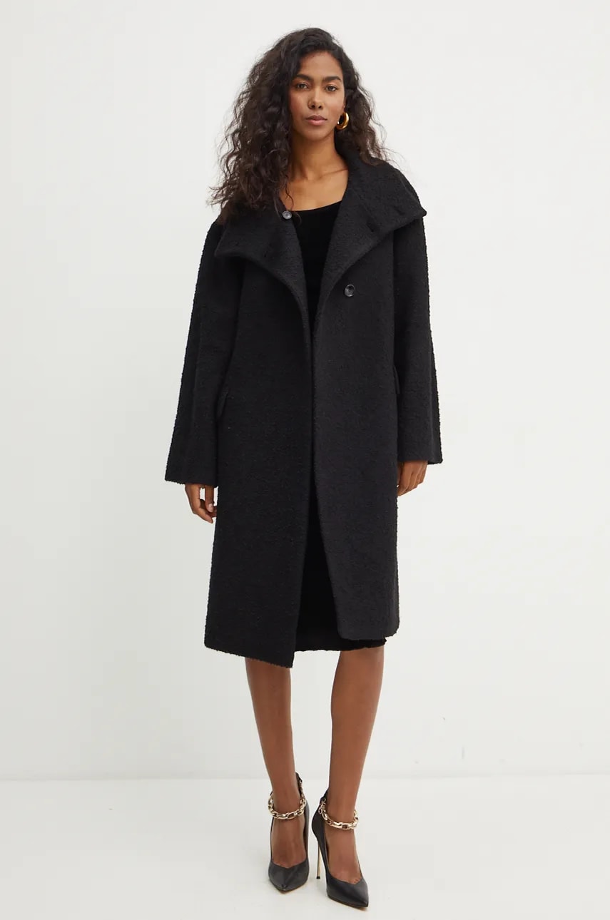 BOSS palton din lana culoarea negru, de tranzitie, oversize, 50518895 BOSS palton din lana culoarea negru, de tranzitie, oversize, 50518895