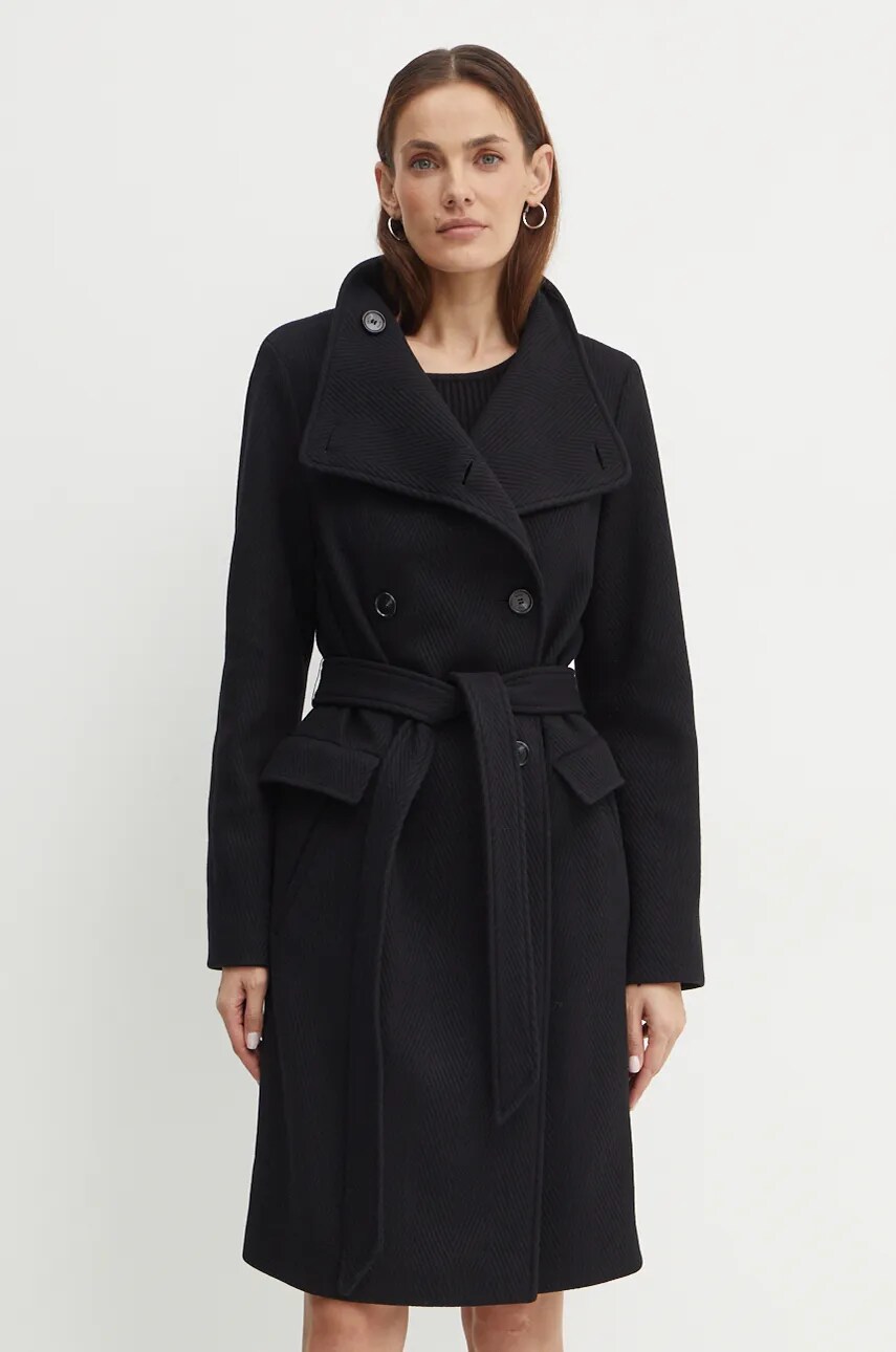 BOSS palton de lana culoarea negru, de tranzitie, cu doua randuri de nasturi, 50518897