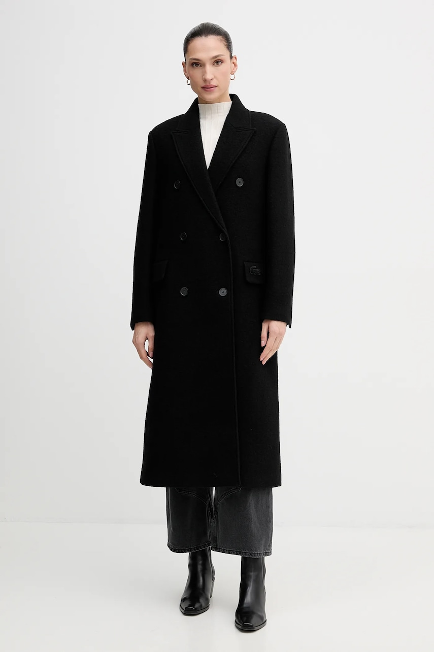 Lacoste palton de lana culoarea negru, de tranzitie, cu doua randuri de nasturi, BF3527