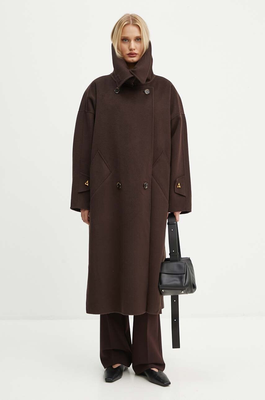 AERON palton de lana culoarea maro, de tranzitie, oversize, PFCO115453
