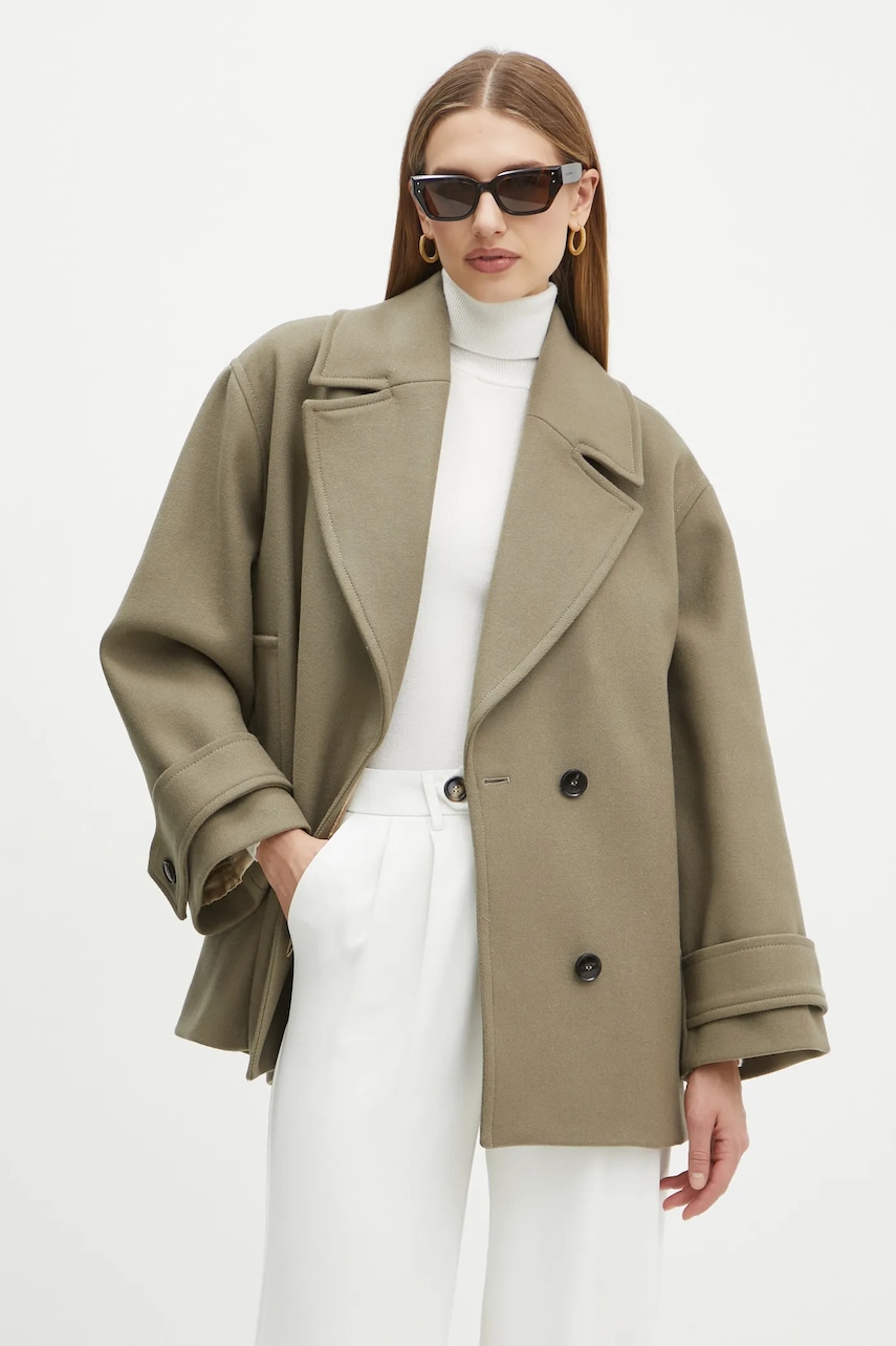 Ivy Oak palton de lana culoarea verde, de tranzitie, cu doua randuri de nasturi, IO111142