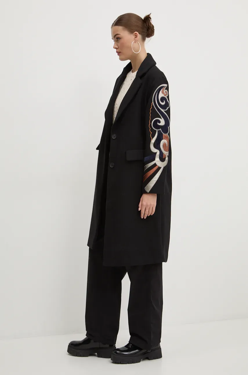 Desigual palton din lana CRACOVIA culoarea negru, de tranzitie, 24WWEWBA