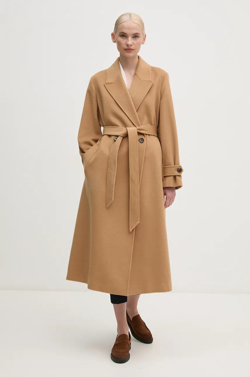 Levně Vlněný kabát Tommy Hilfiger béžová barva, přechodný, dvouřadový, WW0WW43602