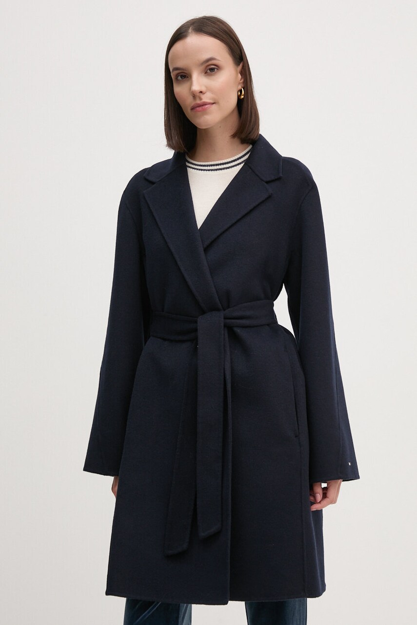 Levně Vlněný kabát Tommy Hilfiger tmavomodrá barva, přechodný, oversize, WW0WW43603