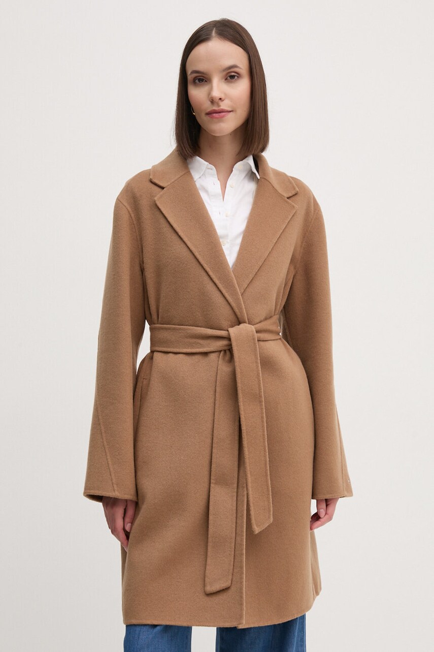 Levně Vlněný kabát Tommy Hilfiger hnědá barva, přechodný, oversize, WW0WW43603