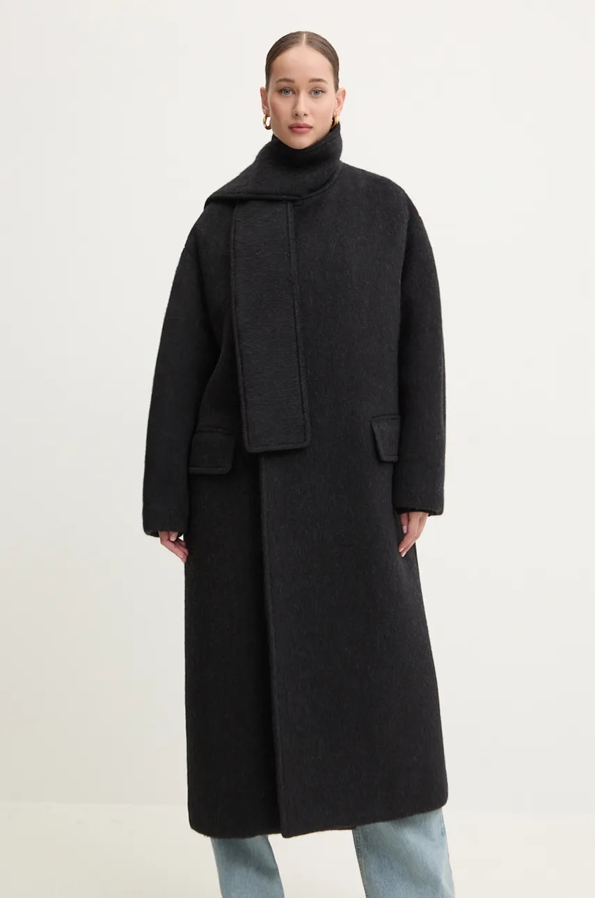 MSGM palton de lana culoarea negru, de tranzitie, oversize, 3742MDC04.247503