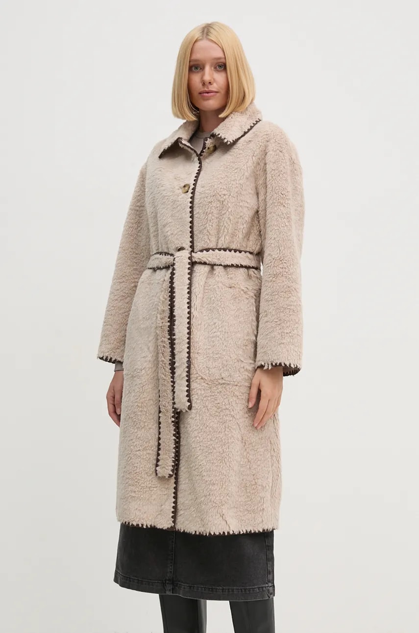 OUI palton femei, culoarea bej, de tranzitie, oversize, 88948 OUI palton femei, culoarea bej, de tranzitie, oversize, 88948