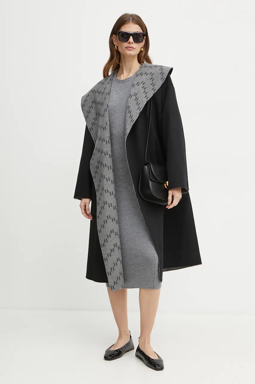 Karl Lagerfeld palton din lână pe două fețe culoarea negru, de tranzitie, oversize, 246W1502